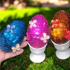Easter Egg set 3, Bright Colored Sequence Easter Butterfly, Handmade Spring Eggs